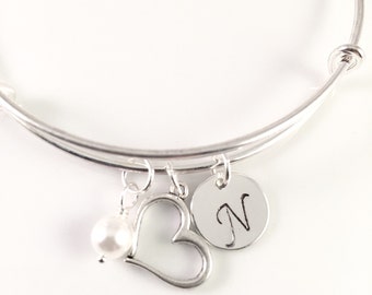 Initial bracelet, Initial Charm Bracelet, adjustable bangle bracelet, Pearl bracelet, personalized Jewelry, gift for her
