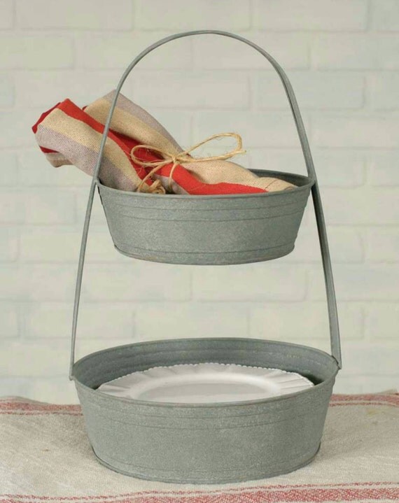 Two Tiered Galvanized Metal Tray Caddy Stand 14 1/2 Tall