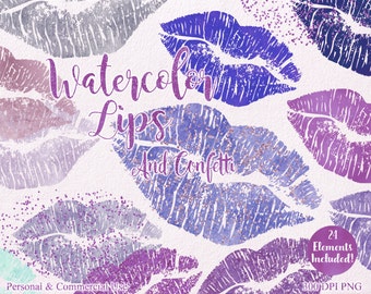 WATERCOLOR LIPSTICK Clip Art Commercial Use Clipart 24 Watercolor Kissing Lips Graphics Pink & Blue Confetti Lipstick Smear Smudge Clip Art
