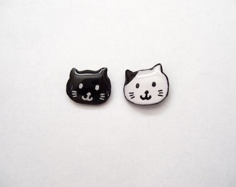 Cat Earrings, Black, White, Cute Black Cat Studs, Kitty Earrings