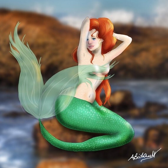 Little Redhead Red Pinup Mermaid Green Tail By Anilustraciones