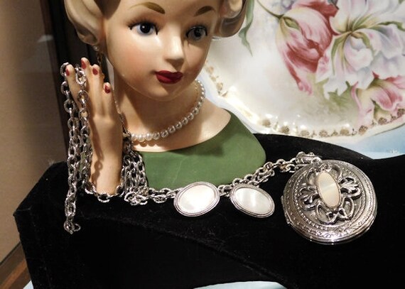 Whiting Davis Mother of Pearl MOP Necklace Locket Pendant Clip On Earrings Set Demi Parure Signed Mid Century 1960s Vintage Wedding Bride