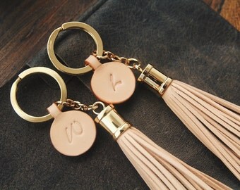Personalized keychain, Leather Tassel Keychain, Leather name keychain, Initial Charm keychain, Handstamped keychain, Couples keychains