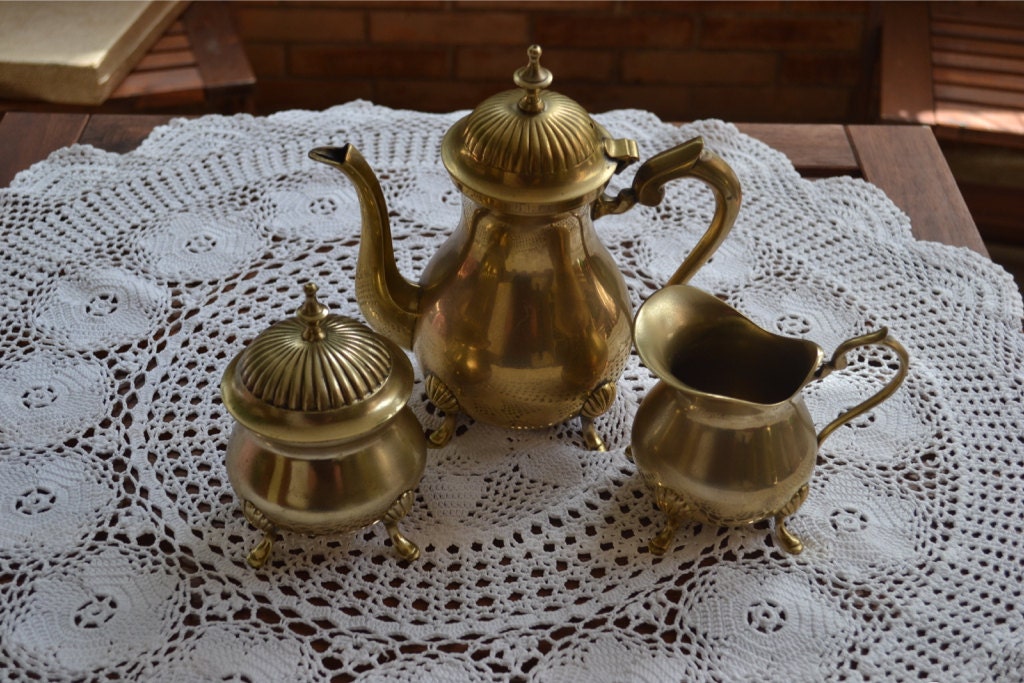 Vintage Brass Tea & Coffee Set Three piece Brass Coffee Pot