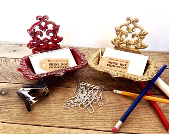 Metal Business Card Holder - Red/ Gold - Office Desk Decor - Cast Iron Soap Dish - Bathroom Soap Holder - Business Gift - Desk Accessories