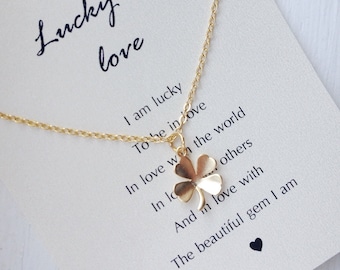 Clover Necklace in Gold, four leaf clover necklace, clover necklace, lucky necklace, shamrock, inspirational, 16k gold filled