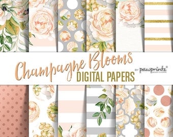 Floral Digital Paper: Watercolor Roses/Champagne,Peach,Blush,Gray,Rose Gold/Stripes,Polka Dots,Moroccan Patterns