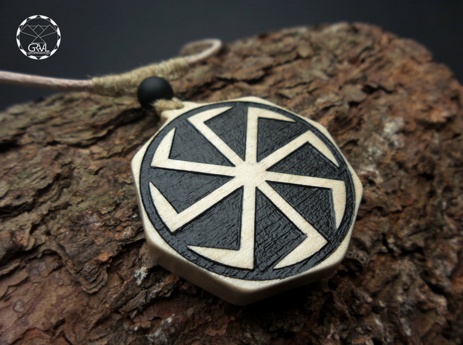 Swarga Necklace Black Kolovrat Slavic Symbol Oak Wood