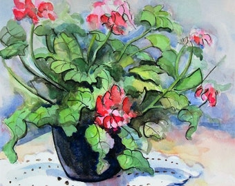 Original Watercolor Sketch, Still Life of a Geranium