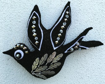 Black Felt Bird Ornament, Punk, Goth, Steampunk Gift, Wall Art, Gift Idea, Monochrome Decor, Alternative Christmas Tree Decoration