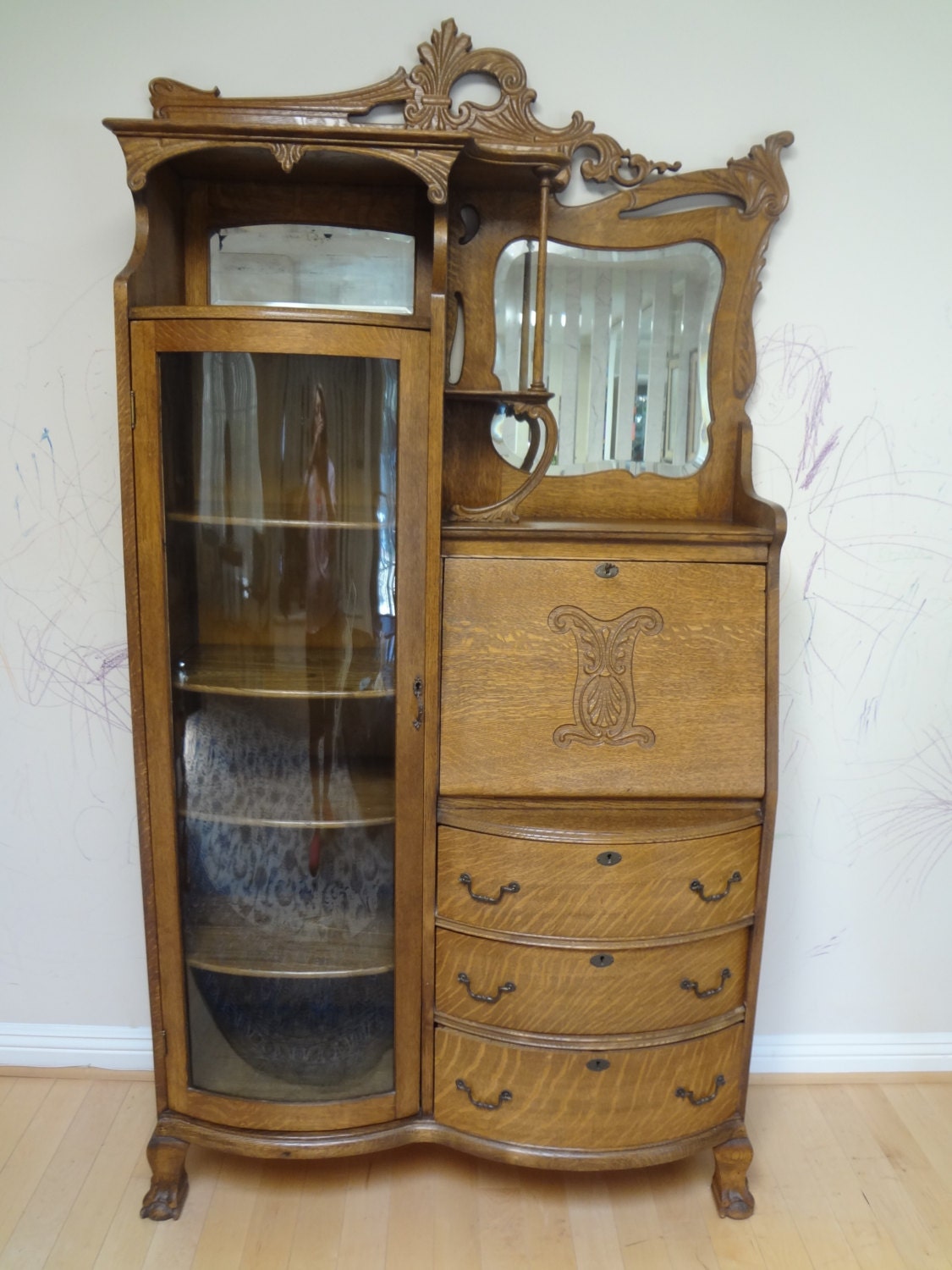 Antique American Art Nouveau Tiger Oak Secretary Desk/Display Unit ca ...