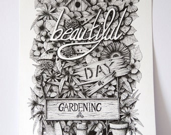 Beautiful Garden Mural, floral typography, beautiful quote, pointillism drawing, floral dot work, flora, quote print, floral art print