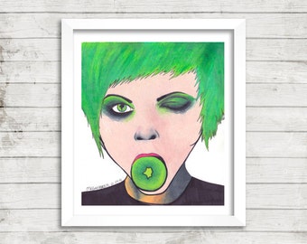 Girl Art, Kiwi Art, Green Haired Girl Art, Mixed Media Art, Original Drawing