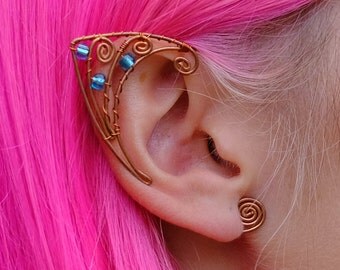 Lovely Wire Elf Ear Cuffs Copper Wire Ear Cuff Blue Beads Ear Cuffs Elven Ears Earcuffs Fairy Pixie Cosplay Fantasy Jewelry Earrings