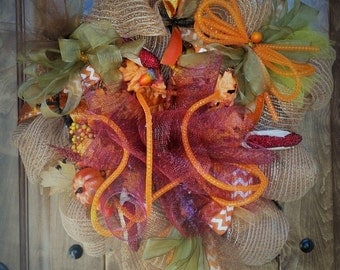 Fall Deco Mesh Wreath. Autumn Deco Mesh Wreath. Autumn Wreath. Fall Wreath.