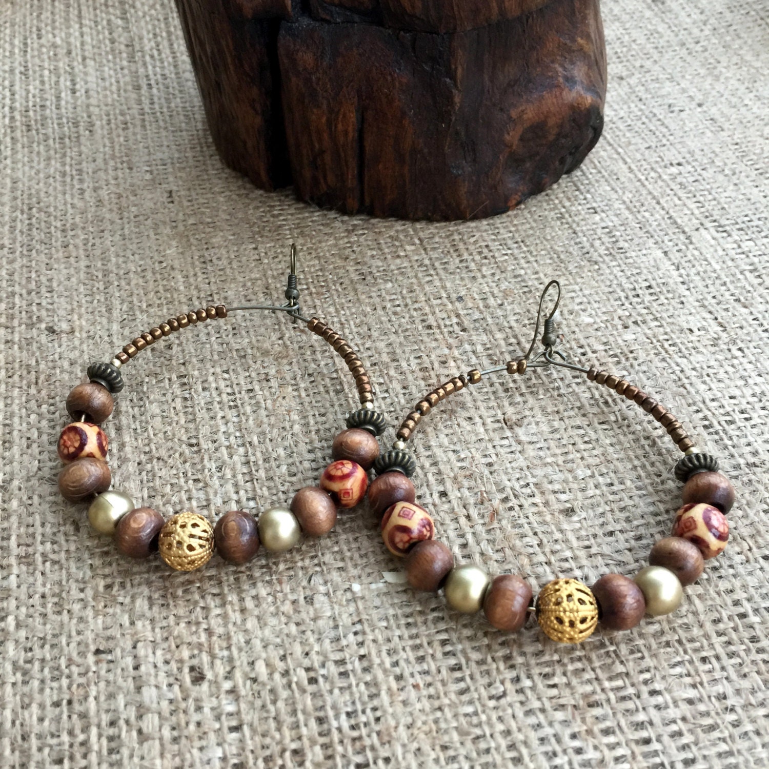 Ethnic Wood Beaded Hoop EarringsHoop EarringsBeadwork