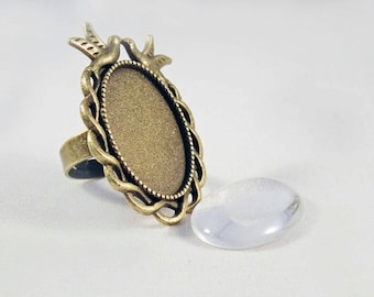 SP10 - Vintage reasons Crown mirror bird Cabochon ring Support includes / Bronze Ring oval Mirror Bird Crown Glass Cabochon included.
