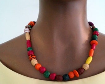 Boho wooden beads necklace Vintage handmade multicolored wood beads necklace Vintage jewelry Nordic vintage necklace Tribal Fashion beads