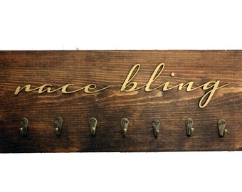 Rustic Race Medal Holder - Race Bling - 3D wooden sign with hooks to hold race medals - Gift for Runners or Triathletes - Rustic Decor