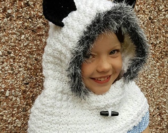 Panda hooded cowl, crochet panda hood, crochet hood with ears, snood, winter hat, pixie hood, white and black hood, children's hood, gift
