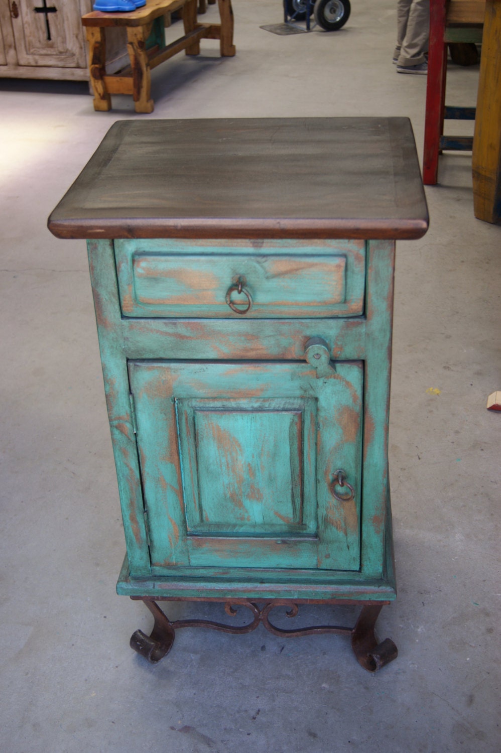 Rustic Turquoise End Table Night Stand Metal Base 6165