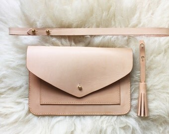 Handmade vegetable tanned leather clutch bag - Can be personalised