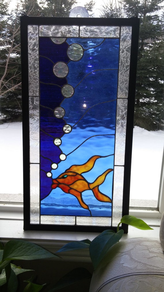 Koi fish panel.Stained glass window.Framed wall art.Glass