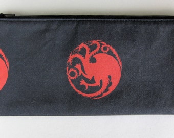 Game of Thrones House Targaryen Daenerys inspired fully lined cotton pencil pouch with fabric loop and keyring
