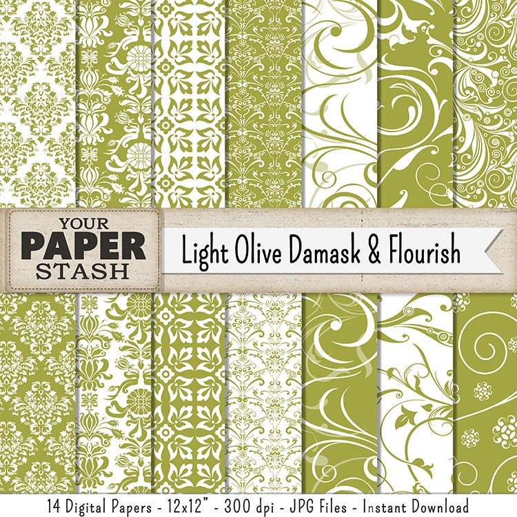 Damask Scrapbook Paper Olive Green Damask Olive Green
