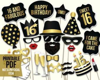 Sweet 16 photo booth props: printable PDF. Sweet sixteenth birthday props. Black and gold teenage birthday party selfie station photo props