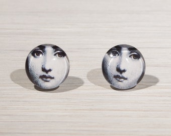 Fornasetti earrings, Face Stud Earrings, face jewellery, lady face studs, illustration studs, gifts for her, unusual studs