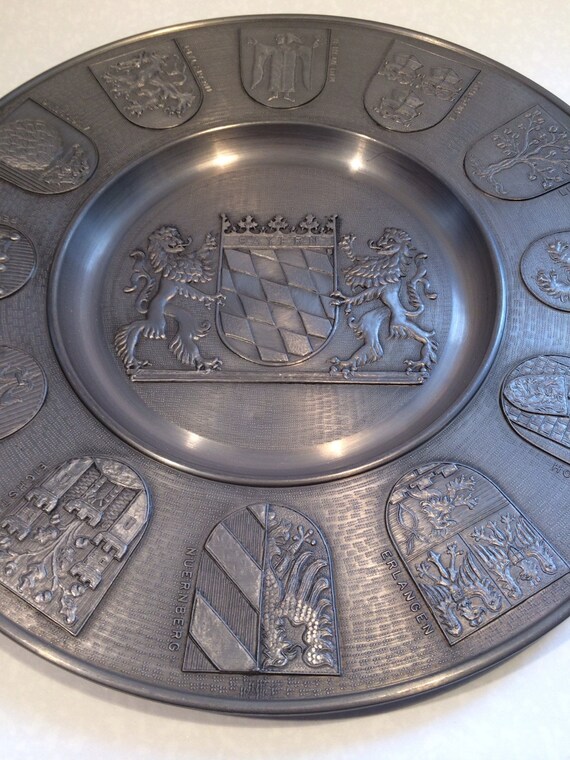 Pewter Plate Bavarian Lion Crest Vintage Old German