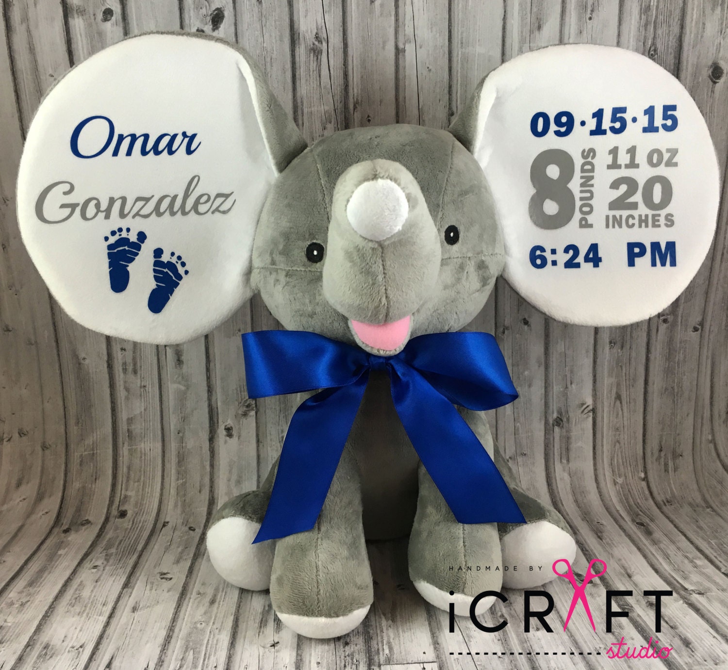 personalized stuffed elephant birth announcement