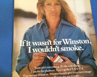 1970s Winston cigarettes with a woman spokesperson Vintage magazine ad wall decor art man cave