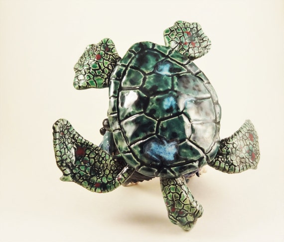 Turtle with cave aquarium decoration ooak handmade ceramic