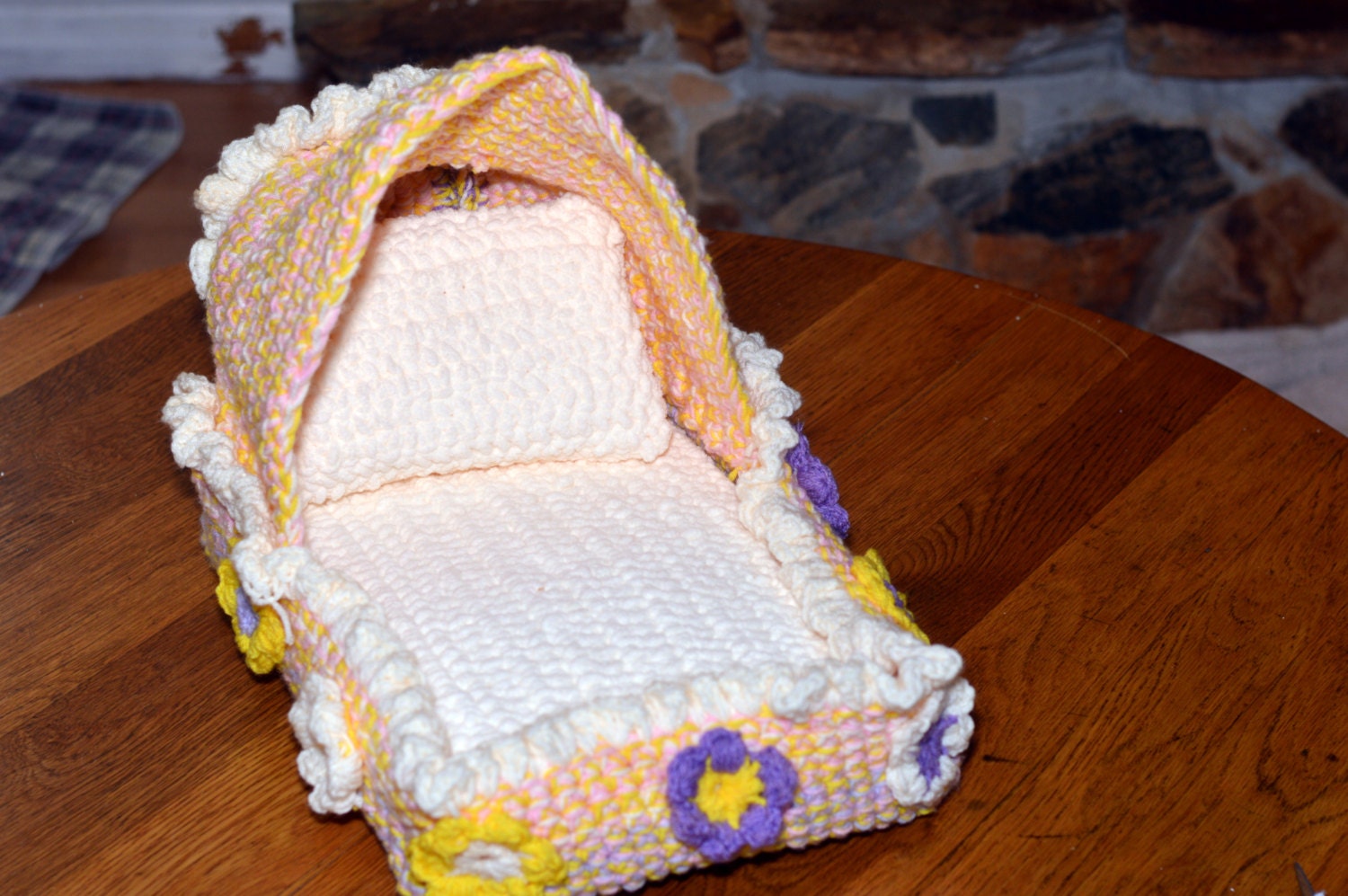 Pastel colored hand crocheted dog bassinet by GatorGardenFashions