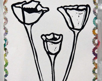 Un-mounted, hand carved rubber stamp "Poppies"