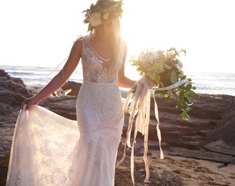 SPECIAL 20% OFF Fitted Mermaid Lace Wedding Dress with V Neck and Low Back India