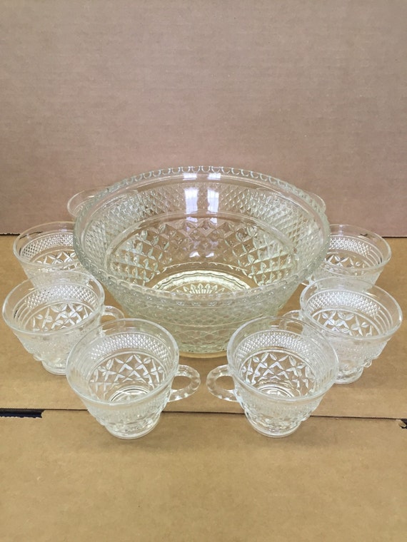 Vintage Cut Glass Punch Bowl With 8 Cups
