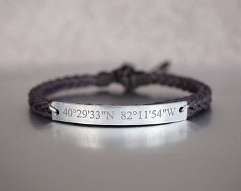 Custom Coordinate Bracelet, Location Engraved Bracelet, Latitude Longitude, Skinny Bar, Dark Brown Cord Braided Bracelet, Adjustable Cuff