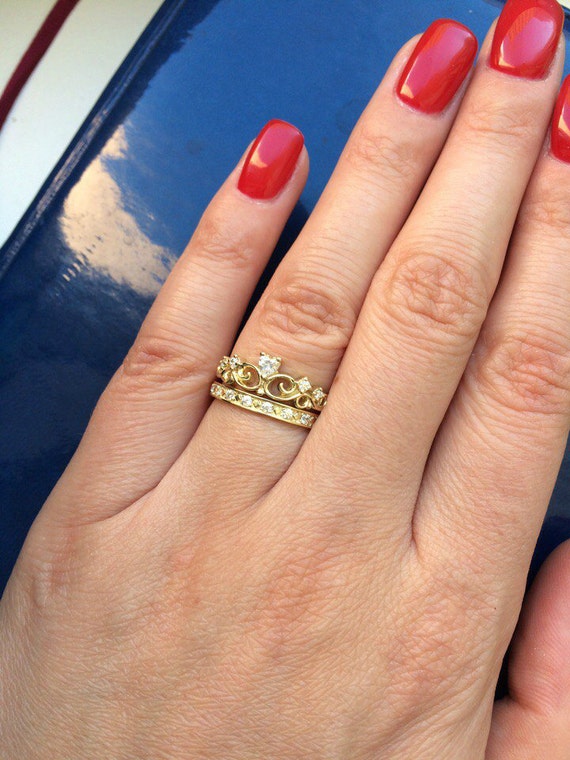 14k Gold Crown Rings Set. Princess crown ring. Queen ring.
