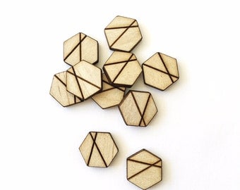 10x HEXAGON WOOD CUTOUT - Laser Cut Hexagon Natural Wood Shape With Engrave Detail 15mm