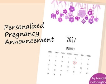 Pregnancy Announcement, Personalized Pregnancy Announcement, Gender Reveal, Printable Calendar, Pregnancy Reveal, Baby Girl Announcement