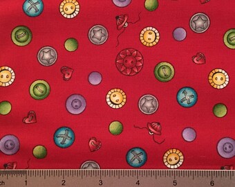 BTHY - Mary Jo’s Sewing room for Connecting Threads, Buttons on Red, Multi sized, Colored and Types of Buttons on Red, by the HALF YARD