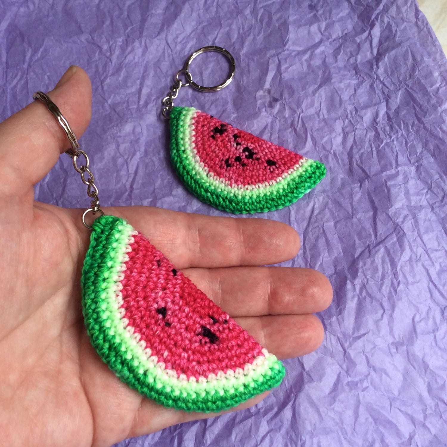 Crochet Watermelon Slice Fruit Keyring Keychain by LizziesWorkroom