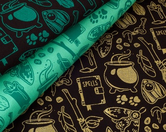 Modern Witch Fabric Collection - Witch and Witchcraft Series - Hand-Screenprinted, Hand-Drawn Pattern - 100% Cotton