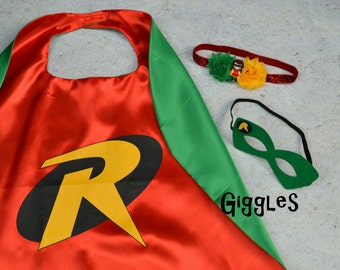 Robin Cape Mask Headband Set - Kids Costume - Superhero - Halloween - Dress Up - Boy Capes - Birthday Party Favors - Batman Sidekick Green
