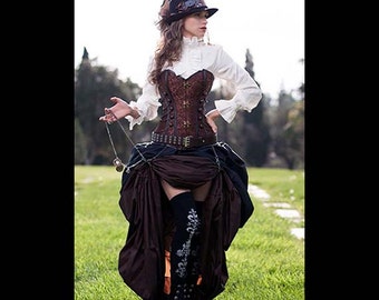 3 pc. Steampunk Victorian Corset & Double Bustle Skirt, brown black brown costume, cosplay goth clothes clothing