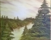 Original Oil Painting, Evergreen Lake, 16x16in