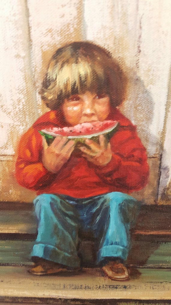 Download Americana Painting Little Boy Eating Watermelon